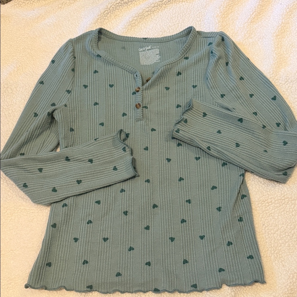 Cat & Jack Sage Green Waffle Henley Top with Tiny Heart Print